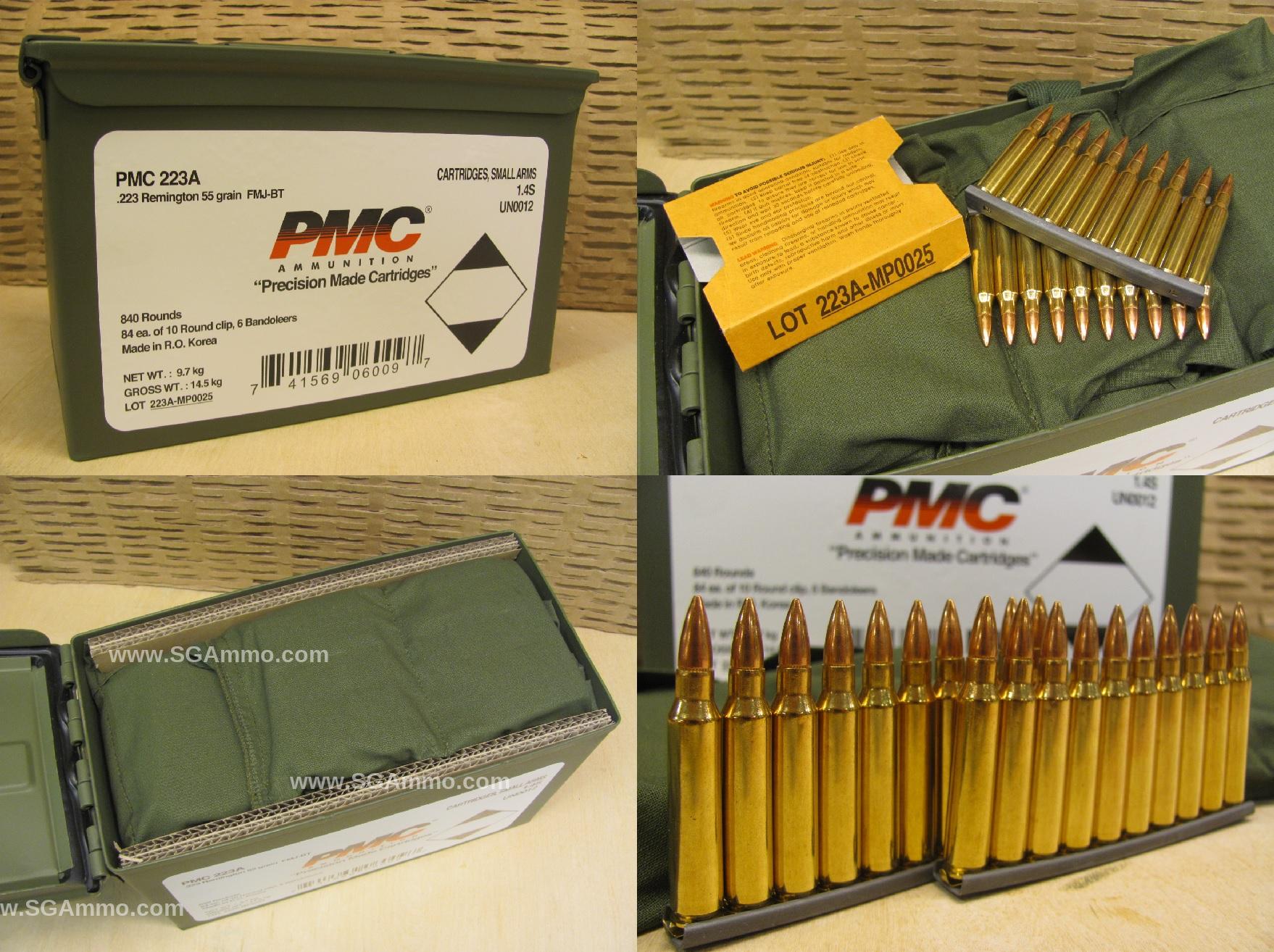 840 Round Can - 223 Rem 55 Grain FMJ-BT Ammo by PMC on AR15 Stripper Clips  and Bandoleers in Ammo Can - 223AMB