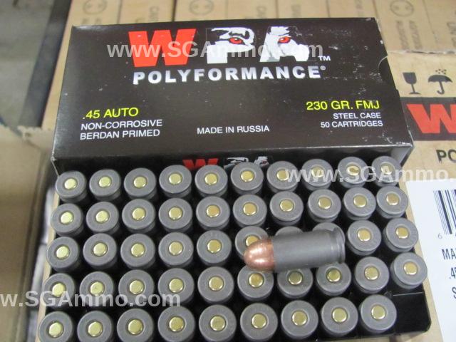 500 Round Case - 45 Auto 230 Grain FMJ Wolf WPA Steel Case Ammo by Barnaul