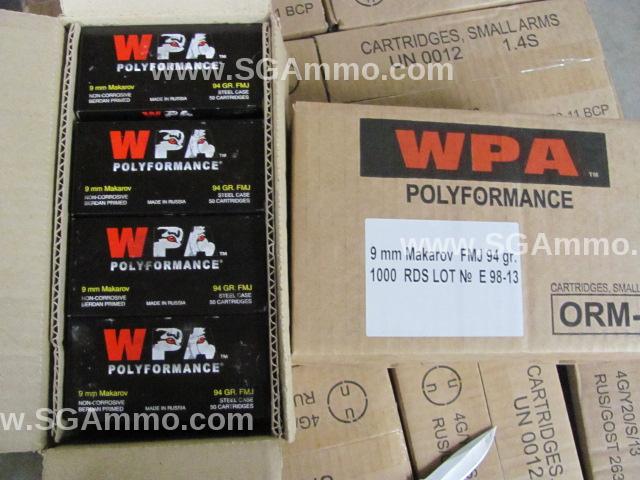 1000 Round Case - 9x18 Makarov 94 Grain FMJ Ammo - Wolf WPA Steel Case Ammo MFG by Barnaul in Russia