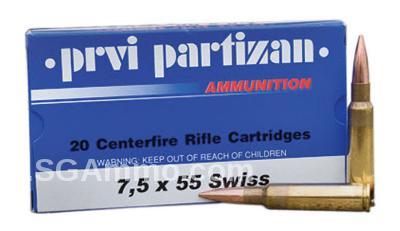 20 Round Box - 7.5x55 Swiss 174 Grain FMJ Prvi Partizan Ammo - PP7SF