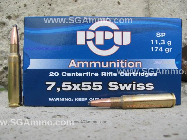 20 Round Box - 7.5x55 Swiss 174 Grain Soft Point Prvi Partizan Ammo - PP7SS