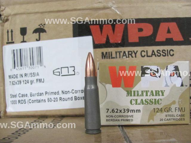 1000 Round Case - 7.62x39 FMJ 124 Grain WPA Wolf Ammo - Military Classic - Made in Russia by Barnaul - FMJ Projectile 