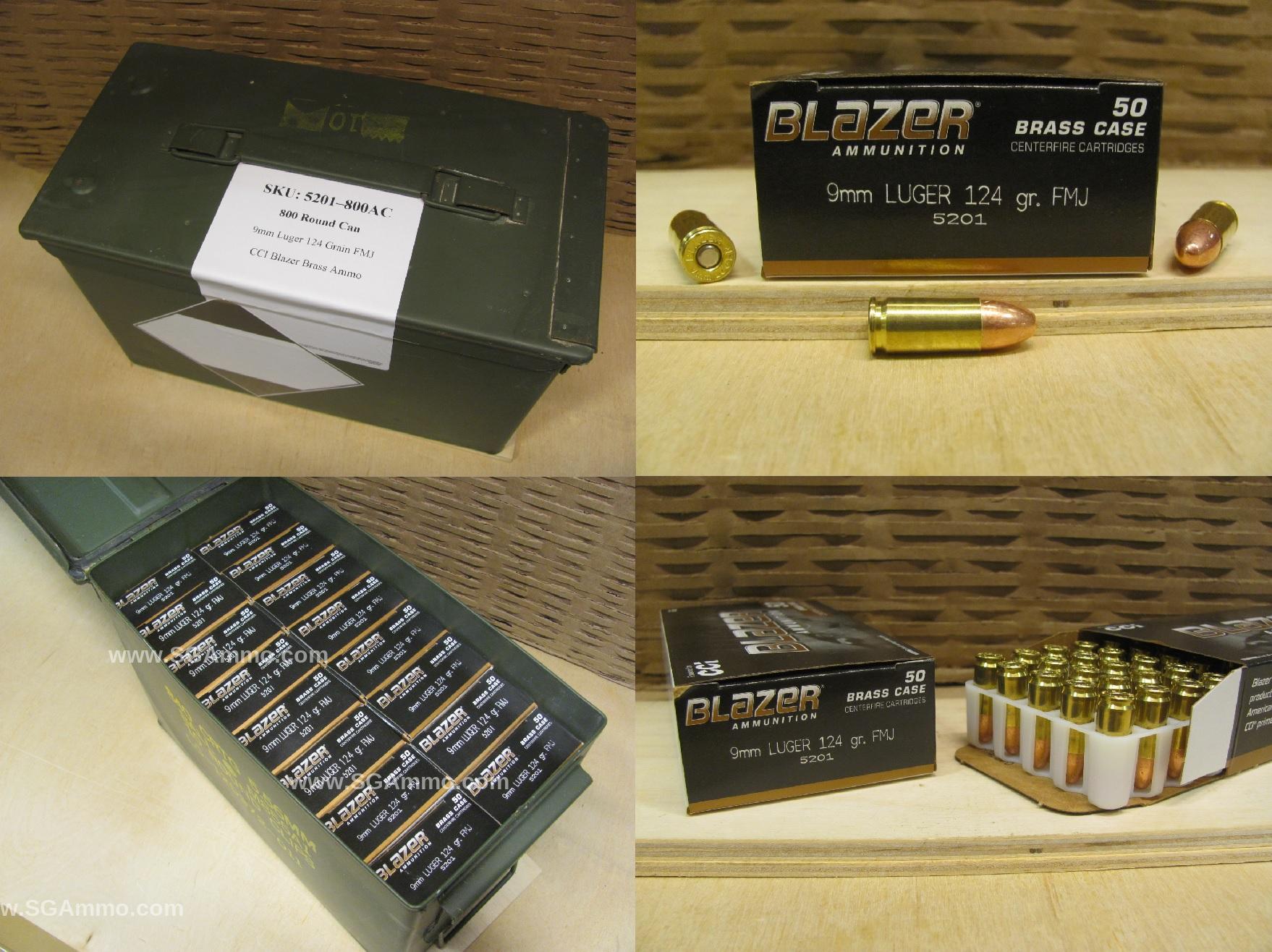 800 Round Can - 9mm Luger 124 Grain FMJ CCI Blazer Brass Ammo - 5201 - Packed in M2A1 or M2A2 Canister