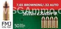 50 Round Box - 32 Auto 73 Grain FMJ Ammo by Sellier Bellot - aka 7.65 Browning - SB32A