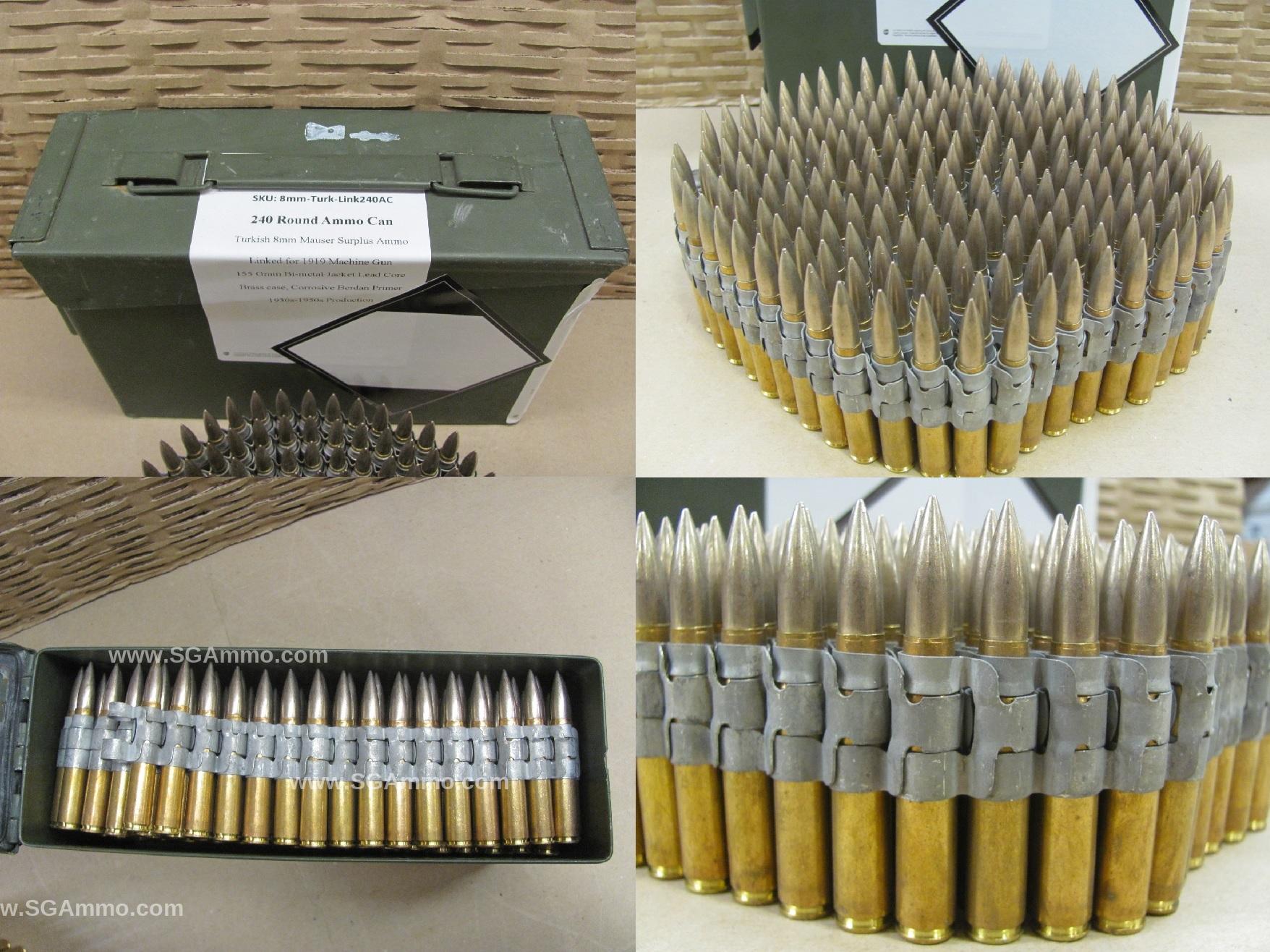 240 Round Can - 8mm Mauser 155 Grain FMJ Turkish Surplus Ammo Linked For 1919 Machine Gun in M19A1 Canister