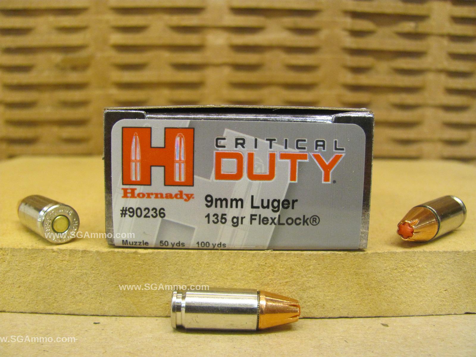 250 Round Case - 9mm Luger 135 Grain Standard Pressure Hornady Critical Duty FlexLock Hollow Point Ammo - 90236