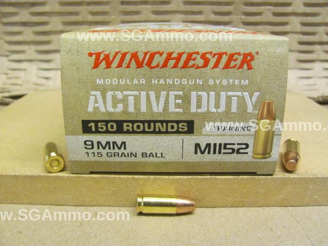 750 Round Case - 9mm 115 Grain Flat Nose FMJ Ball Winchester M1152 Active Duty Ammo - WIN9MHSCL
