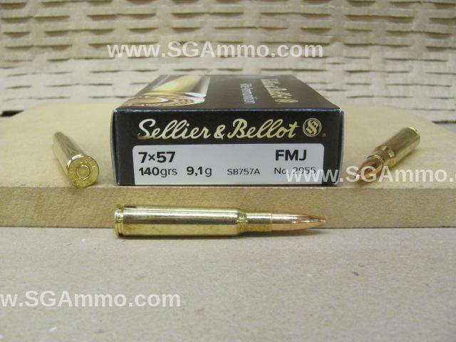 20 Round Box - 7x57 Mauser 140 Grain FMJ Sellier Bellot Ammo - SB757A