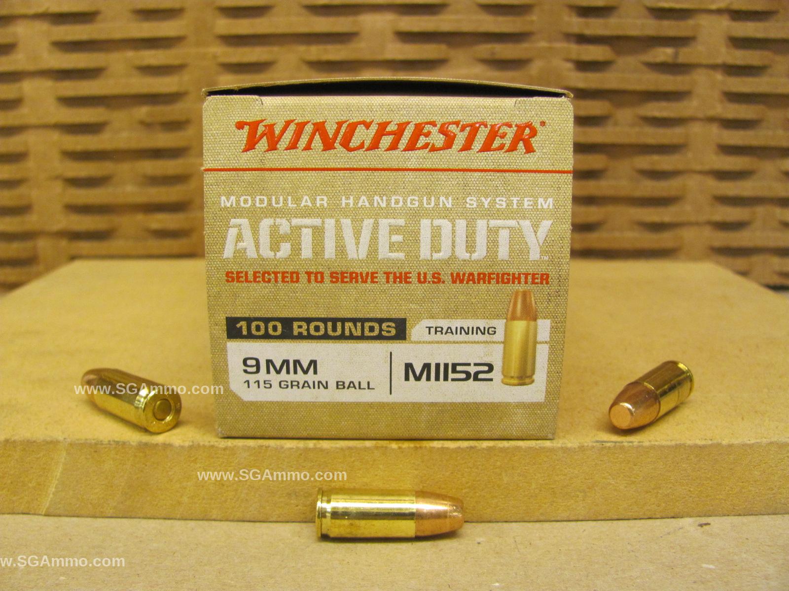500 Round Case - 9mm Luger 115 Grain Flat Nose FMJ Ball Winchester M1152 Active Duty Ammo - WIN9MHSC 