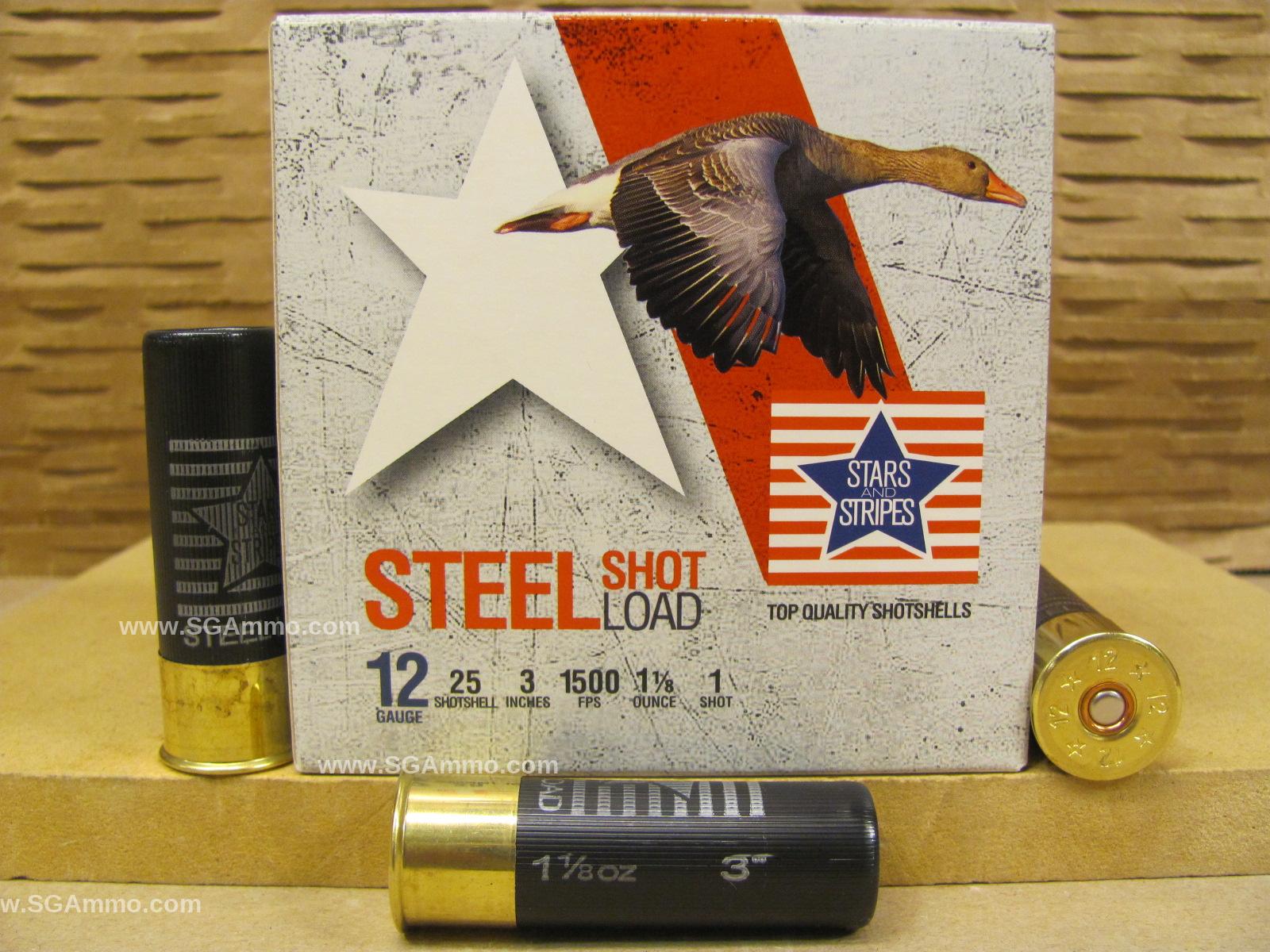 25 Round Box - 12 Gauge 3 Inch 1500 FPS 1-1/8 Ounce Number 1 Steel Shot Load Ammo by Stars and Stripes - CS33201