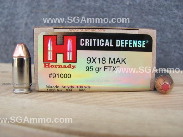 250 Round Case - 9x18 Makarov Hornady 95 Grain FTX Hollow Point Critical Defense Ammo - 91000