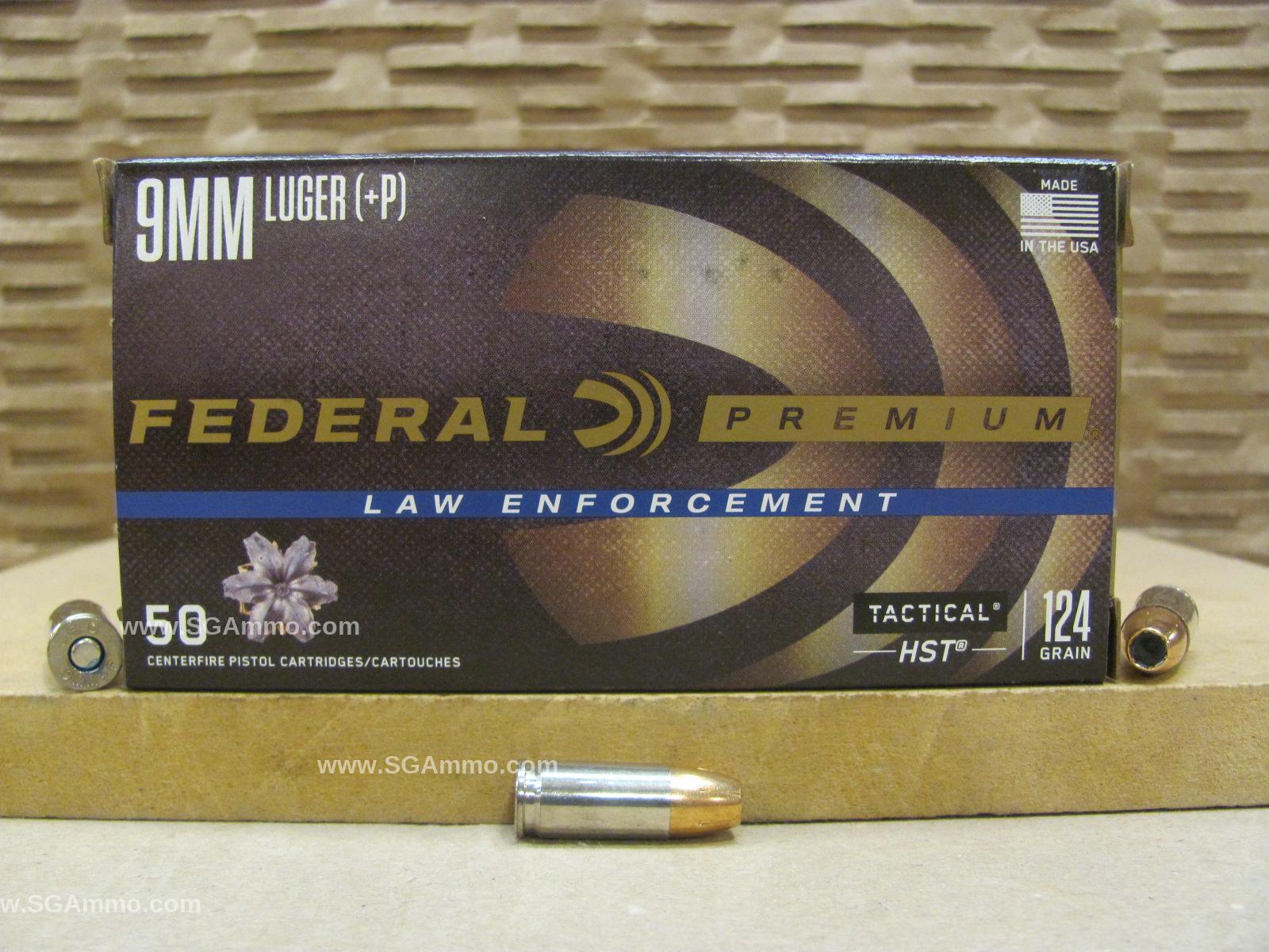 50 Round Box - 9mm Luger +P Federal HST 124 Grain HP Hollow Point LE Ammo - P9HST3