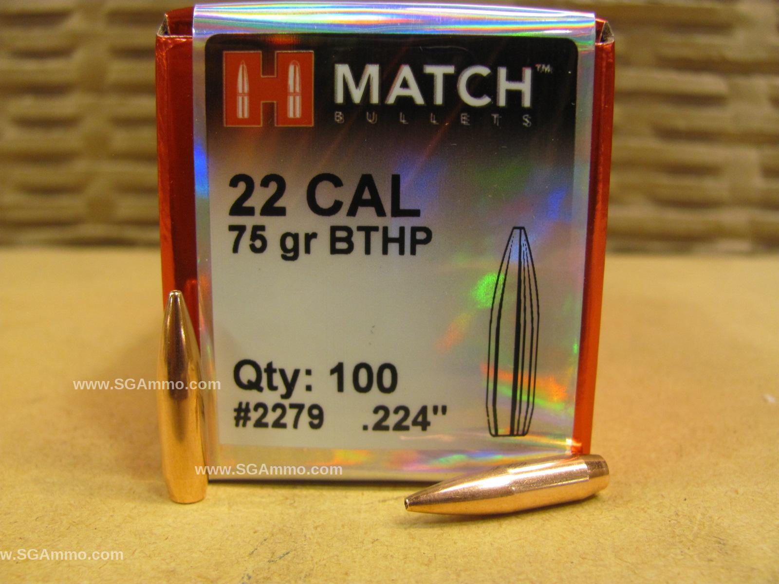 100 Count Box - 22 Cal 75 Grain BT Hollow Point Match Projectile For Handloading by Hornady .224