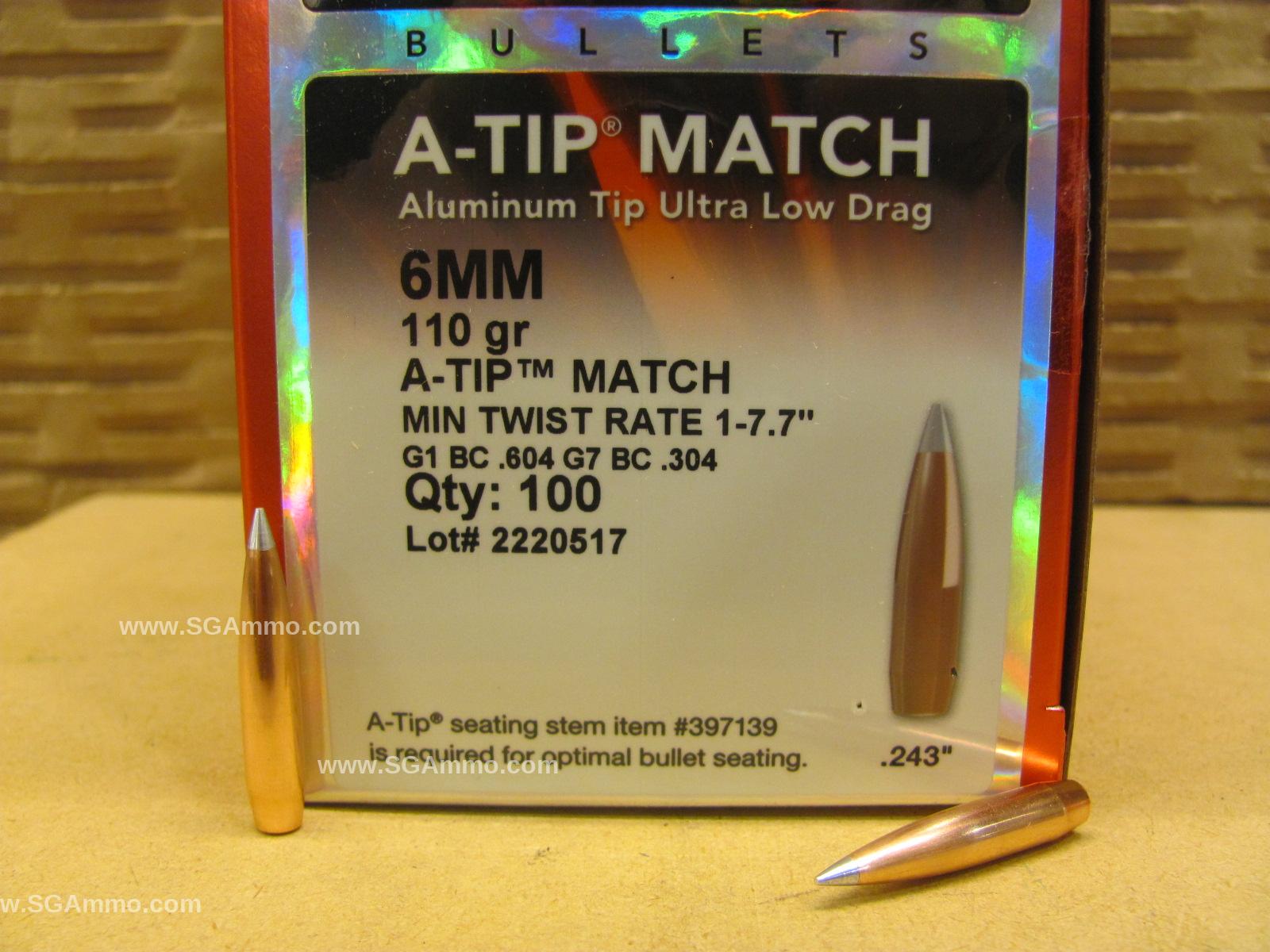 100 Count Box - 6mm 110 Grain A-Tip Match Projectile For Handloading .243