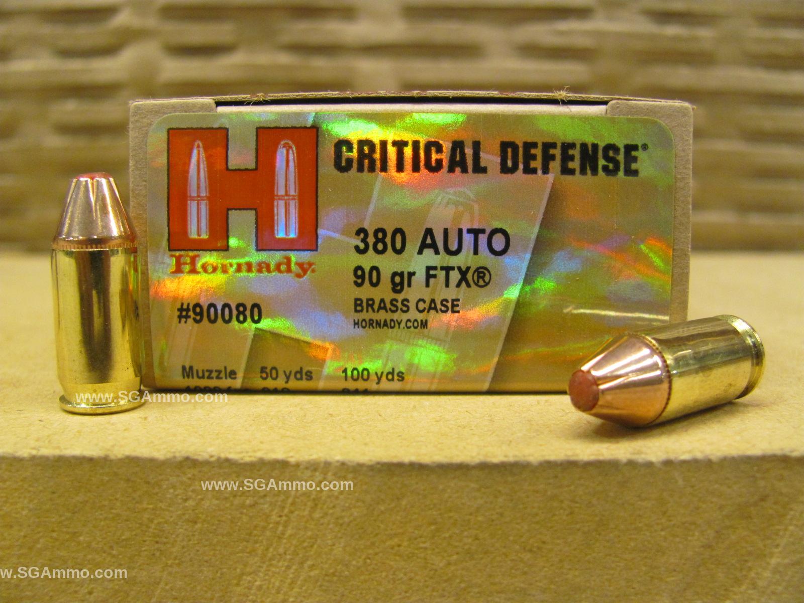 250 Round Case - 380 Auto / ACP Hornady Critical Defense 90 Grain FTX Hollow Point Ammo - 90080