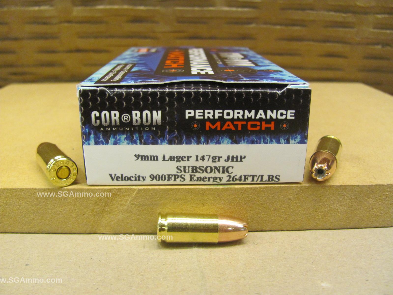 1250 Round Case - 9mm Luger 147 Grain Jacketed Hollow Point Subsonic Corbon Performance Match Ammo - PM09S14750
