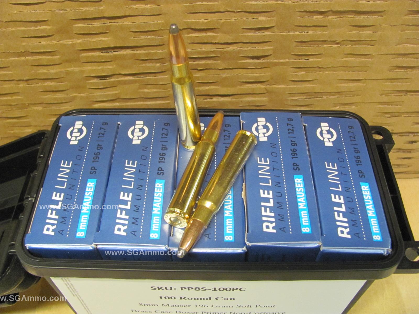100 Round Plastic Can - 8mm Mauser Soft Point 196 Grain Prvi Partizan Ammo - PP8S - Packed in Small Plastic Canister