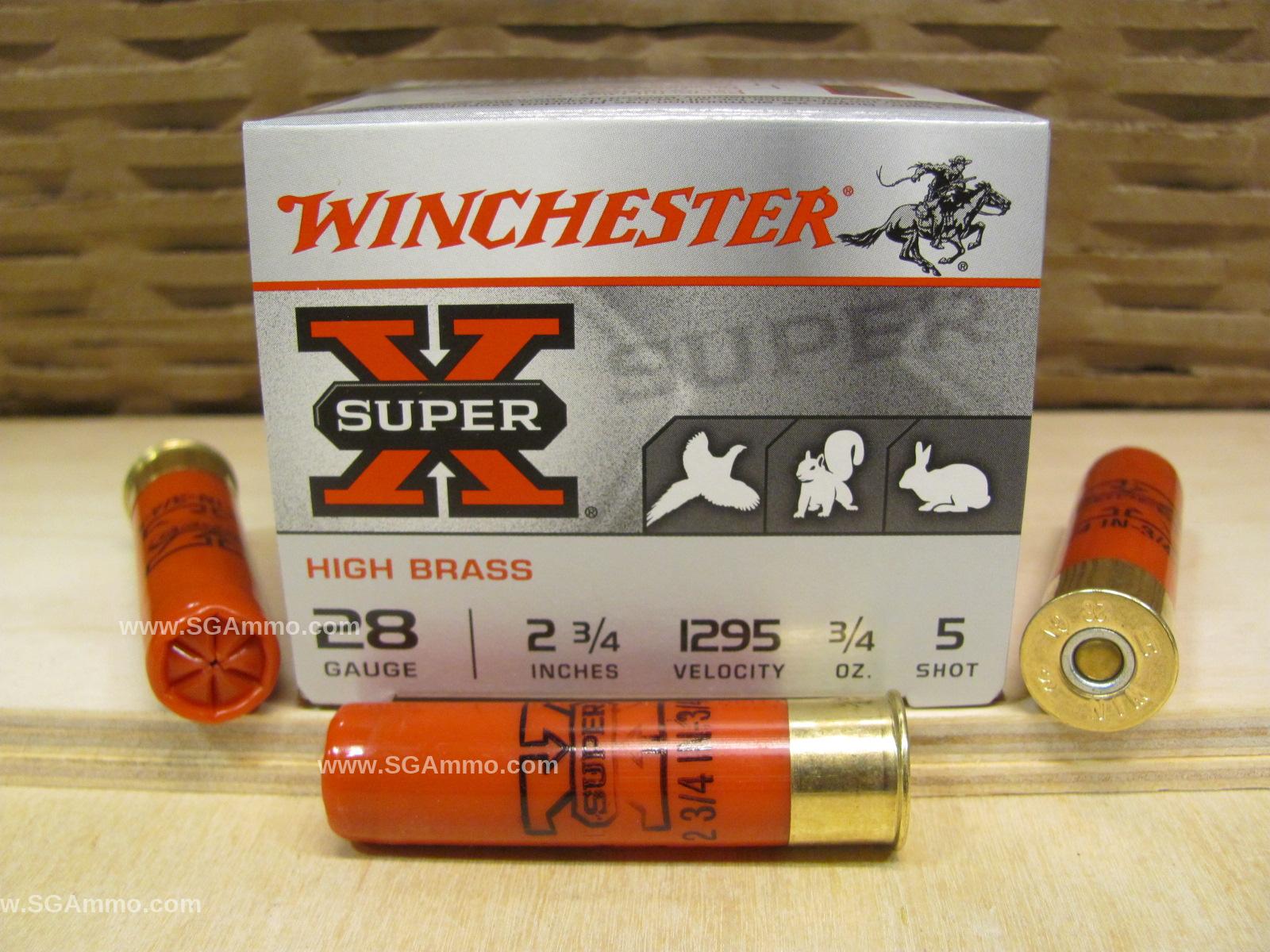 25 Round Box - 28 Gauge 2.75 Inch 3/4 Ounce Number 5 Shot Winchester Super X High Brass Ammo - X285