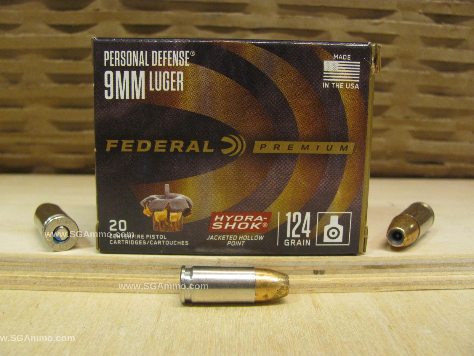 20 Round Box - 9mm Luger Federal Hydra-Shok Hollow Point 124 Grain Ammo - P9HS1