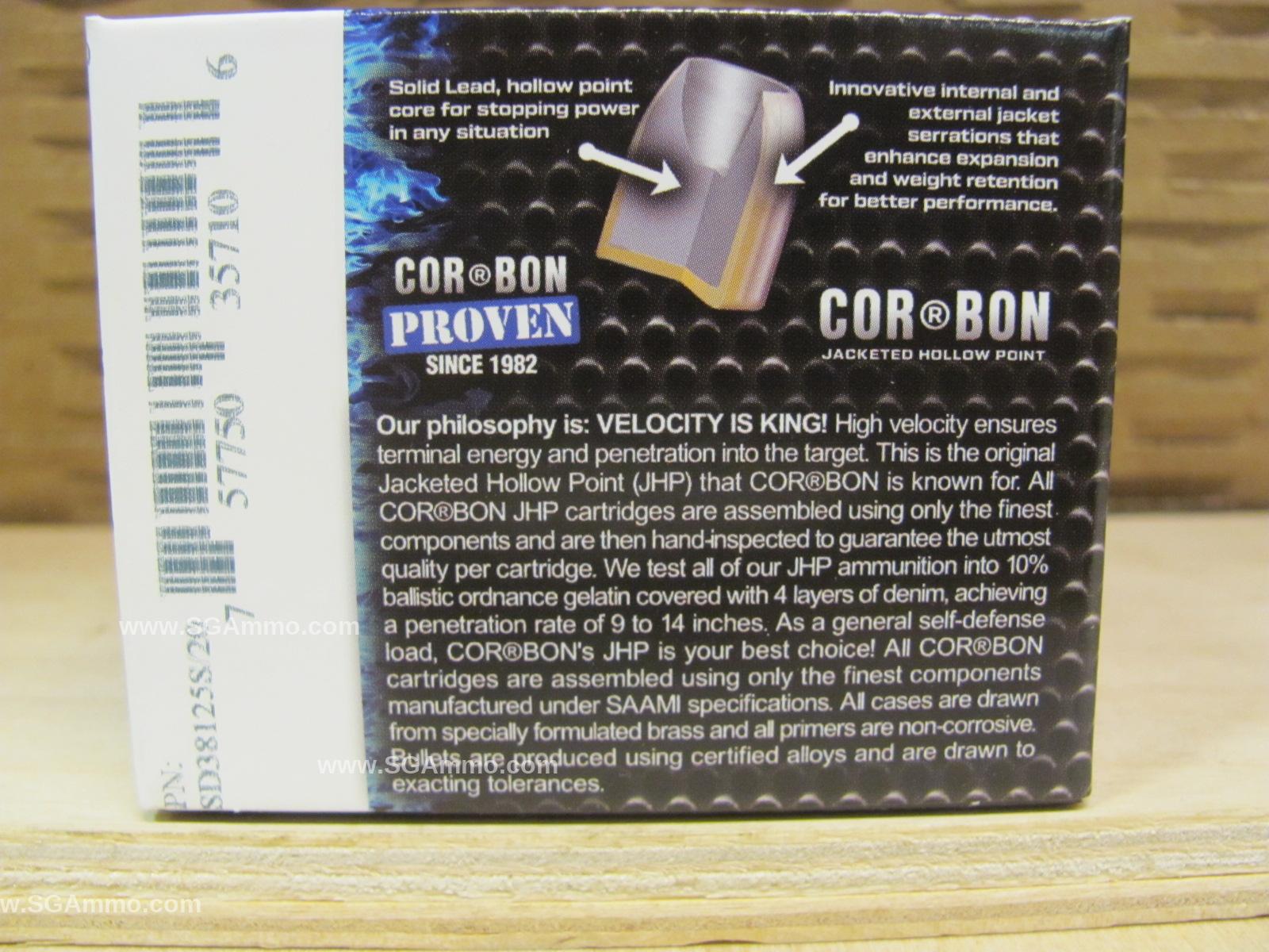 20 Round Box - 38 Special 125 Grain Jacketed Hollow Point Corbon Ammo - SD38125S/20