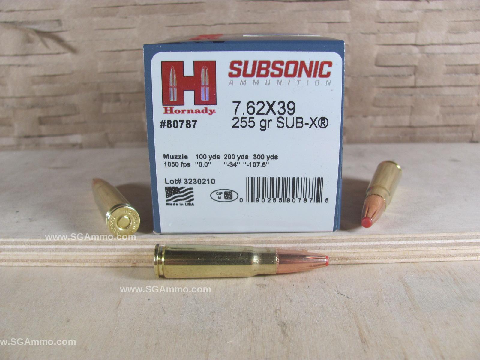 20 Round Box - 7.62x39 Hornady 255 Grain SUB-X Subsonic Ammo
