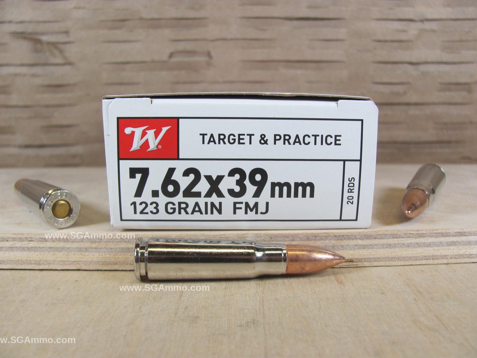 20 Round Box - 7.62x39 123 Grain FMJ Winchester Nickel Plated Brass Case  White Box Target Ammo - ZQ3174
