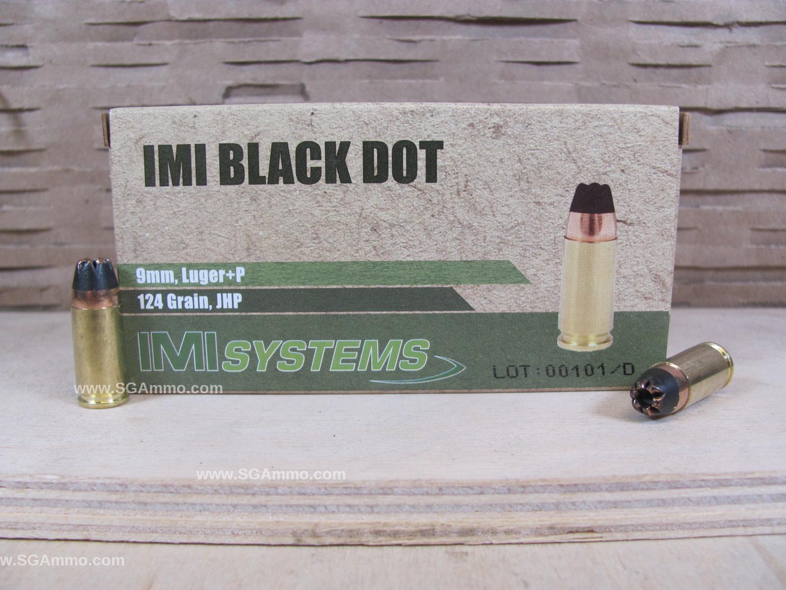 500 Round Plastic Can - 9mm Luger +P 124 Grain Di-Cut Jacketed Hollow Point Black Dot Ammo By IMI of Israel - Packed in Plastic Canister