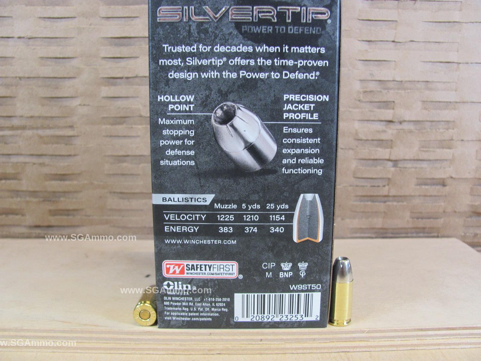 50 Round Box - 9mm Luger 115 Grain Winchester Silver Tip Defense Hollow  Point Ammo - W9ST50