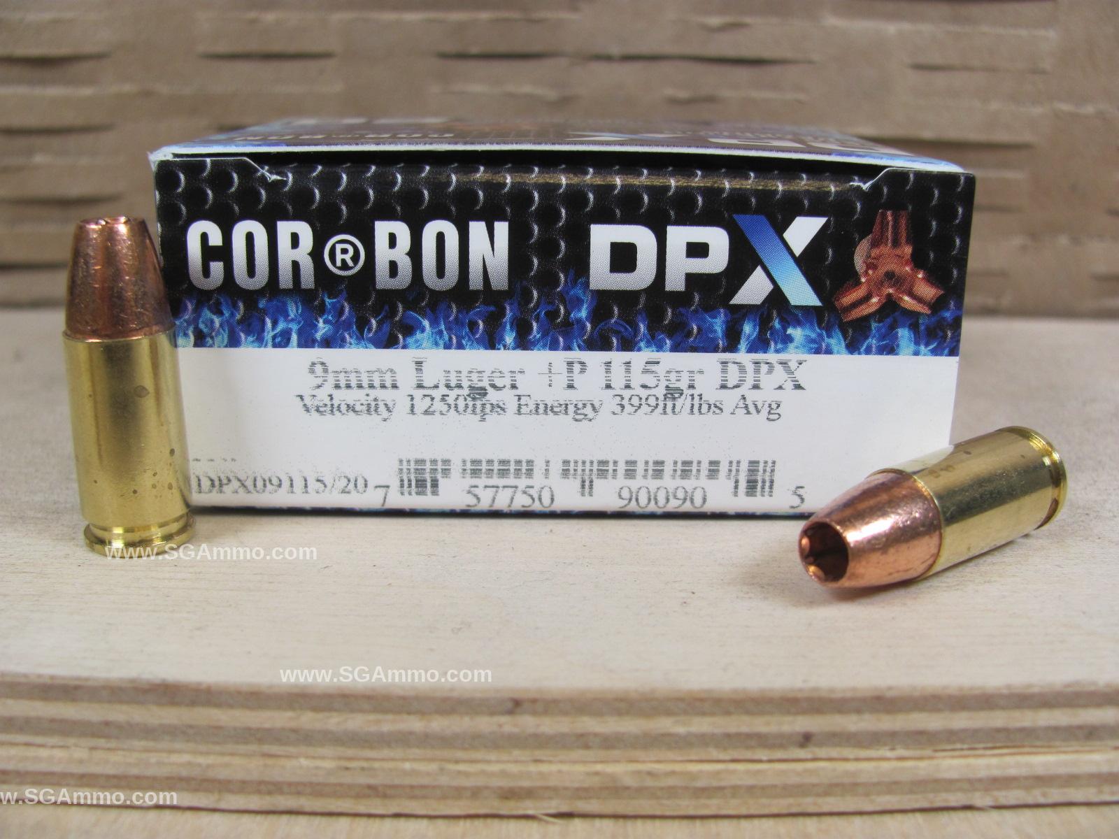 20 Round Box - 9mm Luger +P 115 Grain DPX Hollow Point Corbon Ammo - DPX09115/20