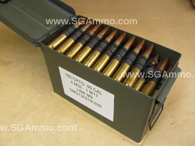 100 Round Can - 50 BMG Lake City Ammo Linked 4 to 1 Mix - 4 Rounds M33 Ball to 1 Round M17 Tracer - A557