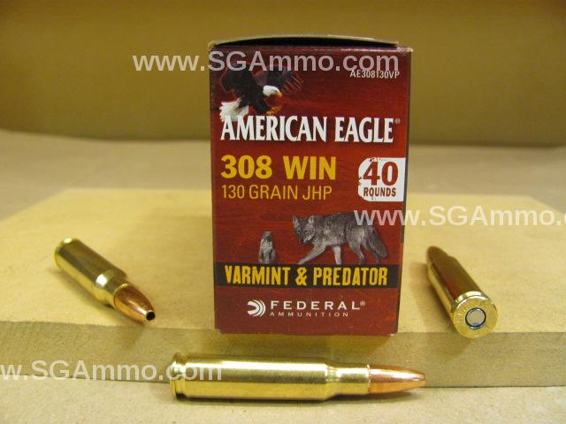 200 Round Case - 308 Win 130 Grain JHP Hollow Point Federal American Eagle Varmint and Predator Ammo - AE308130VP