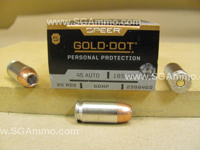 20 Round Box - 45 Auto 185 Grain Gold Dot Hollow Point GDHP Personal Protection Ammo - 23964GD