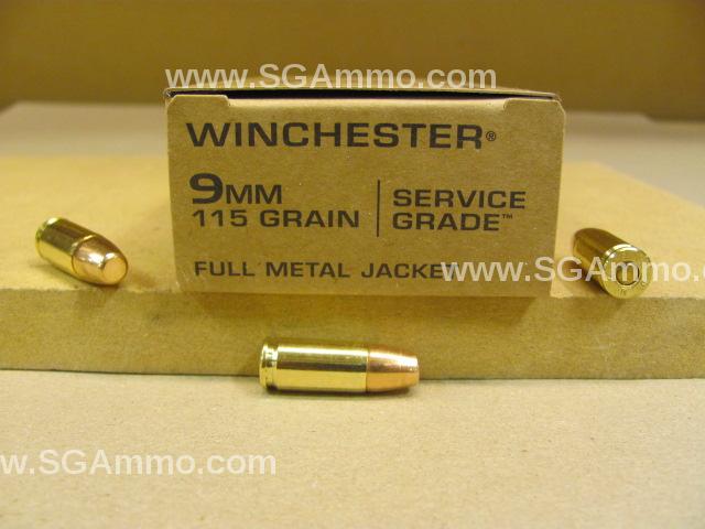 50 Round Box - 9mm Luger 115 Grain FMJ Winchester Service Grade Ammo - SG9W