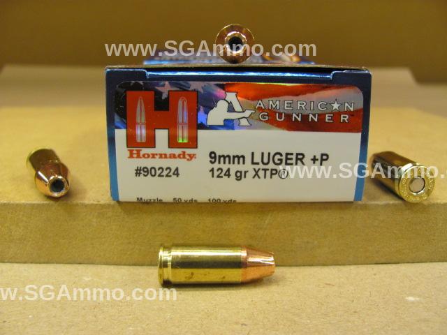 250 Round Case - 9mm Luger +P 124 Grain XTP Hornady American Gunner Ammo - 90224