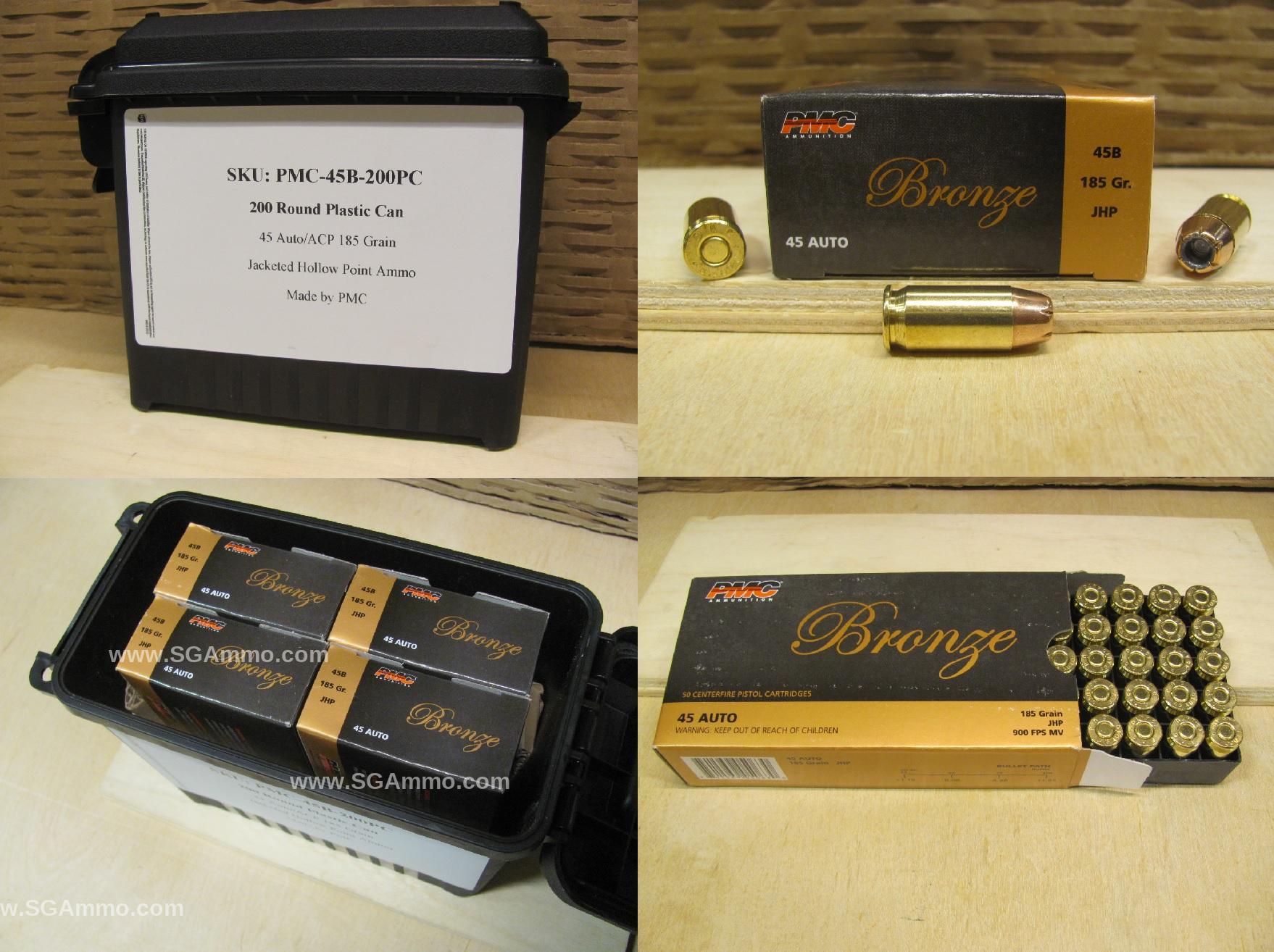200 Round Plastic Can - 45 Auto / ACP PMC 185 Grain JHP Hollow Point Ammo - 45B - Packed in Plastic Canister