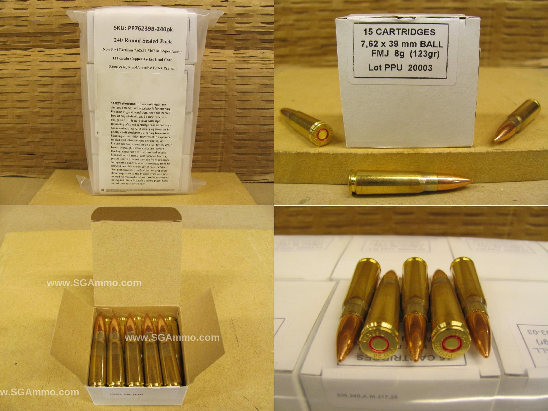 240 Round Pack - 7.62x39 123 Grain FMJ Non-Corrosive Brass Case Prvi  Partizan M67 Mil-Spec Ammo - PP76239B