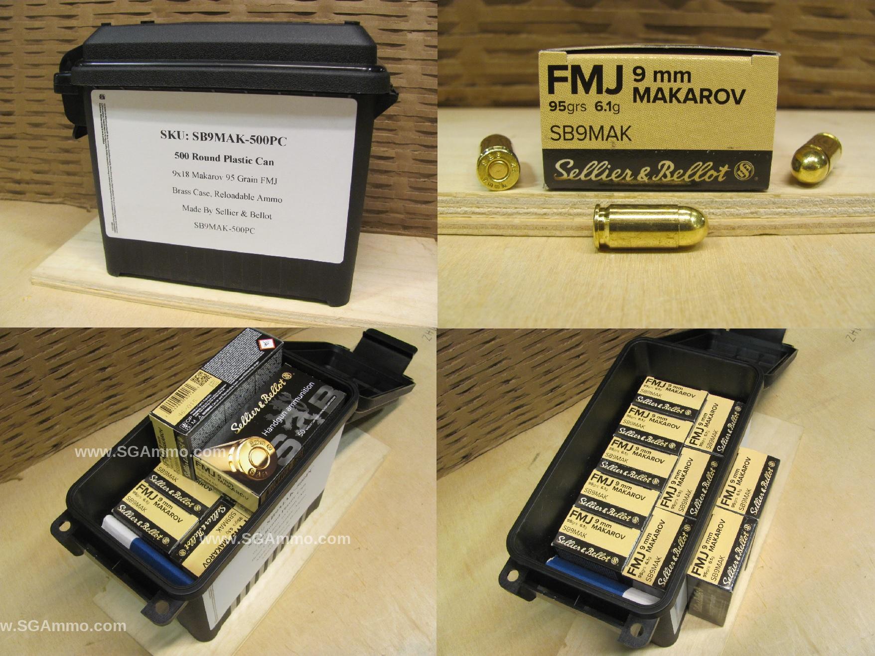 500 Round Plastic Can - 9x18 Makarov Brass Case FMJ Sellier Bellot Ammo - SB9MAK - Packed in Plastic Canister