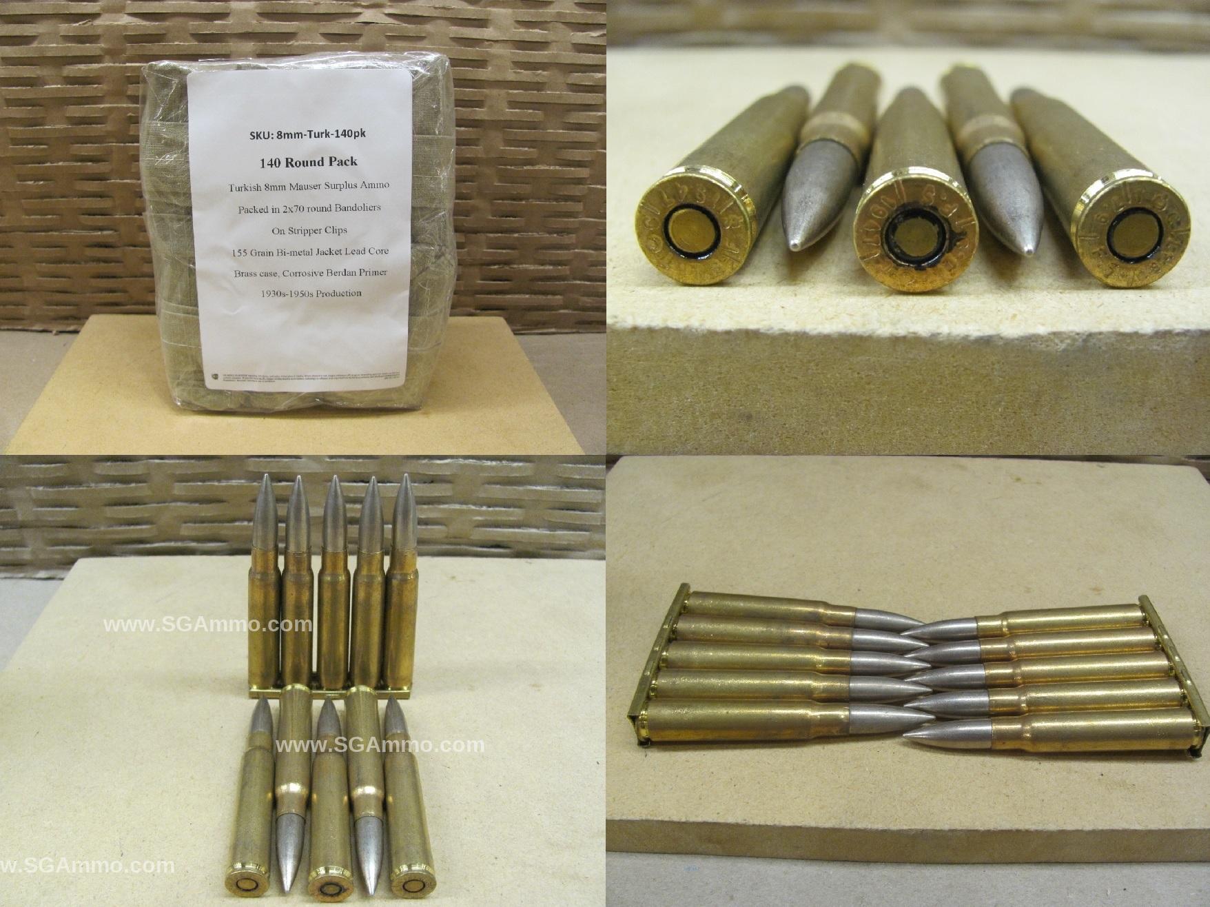 140 Round Pack - 8mm Mauser 155 Grain FMJ Turkish Surplus Ammo on Stripper Clips and Bandoliers 1930s-1950s Era